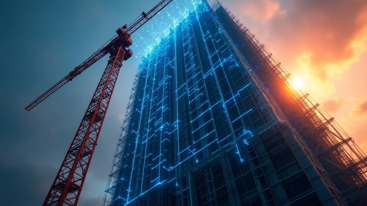 Modern massive construction project with data overlays