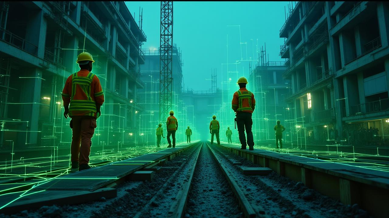 Construction site with AI wireframe overlay monitor